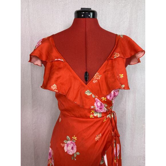 Altar'd State Women's Red Floral Satin Maxi Dress XS V-Neck High Low *read E108 - Picture 2 of 14